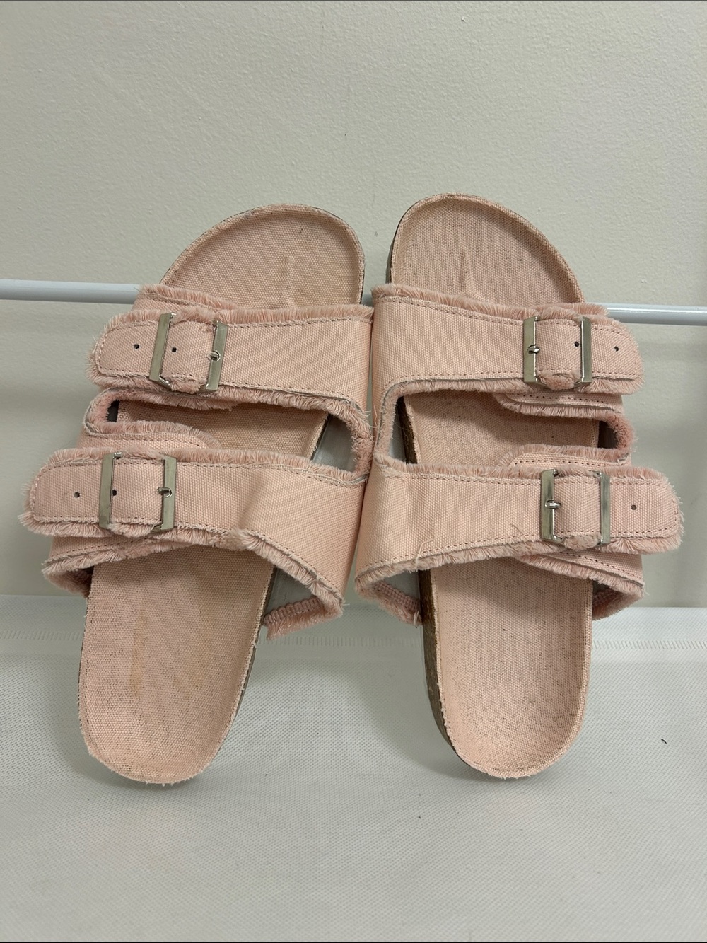 SHEIN Blush Pink Dual Buckle Canvas Slide Flats